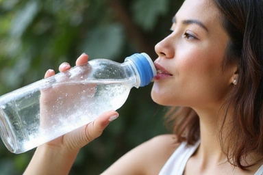 Eine Person, die Wasser aus einer wiederverwendbaren Flasche trinkt, mit einem Fokus auf Hydration und Wohlbefinden