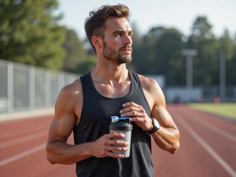 Ein Läufer trinkt Wasser nach dem Training, mit Energy-Riegel und Shakerflasche.