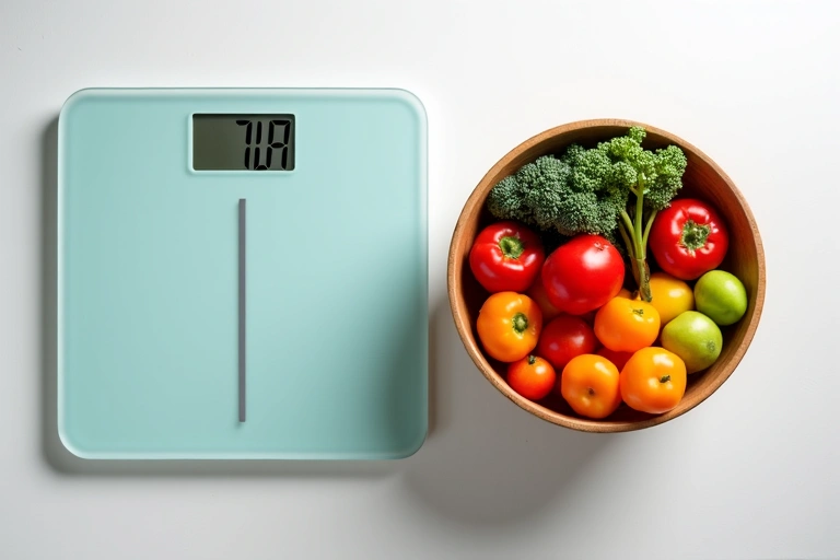 Eine Waage und frisches Obst, symbolisierend Gewichtsmanagement und gesunde Ernährung.